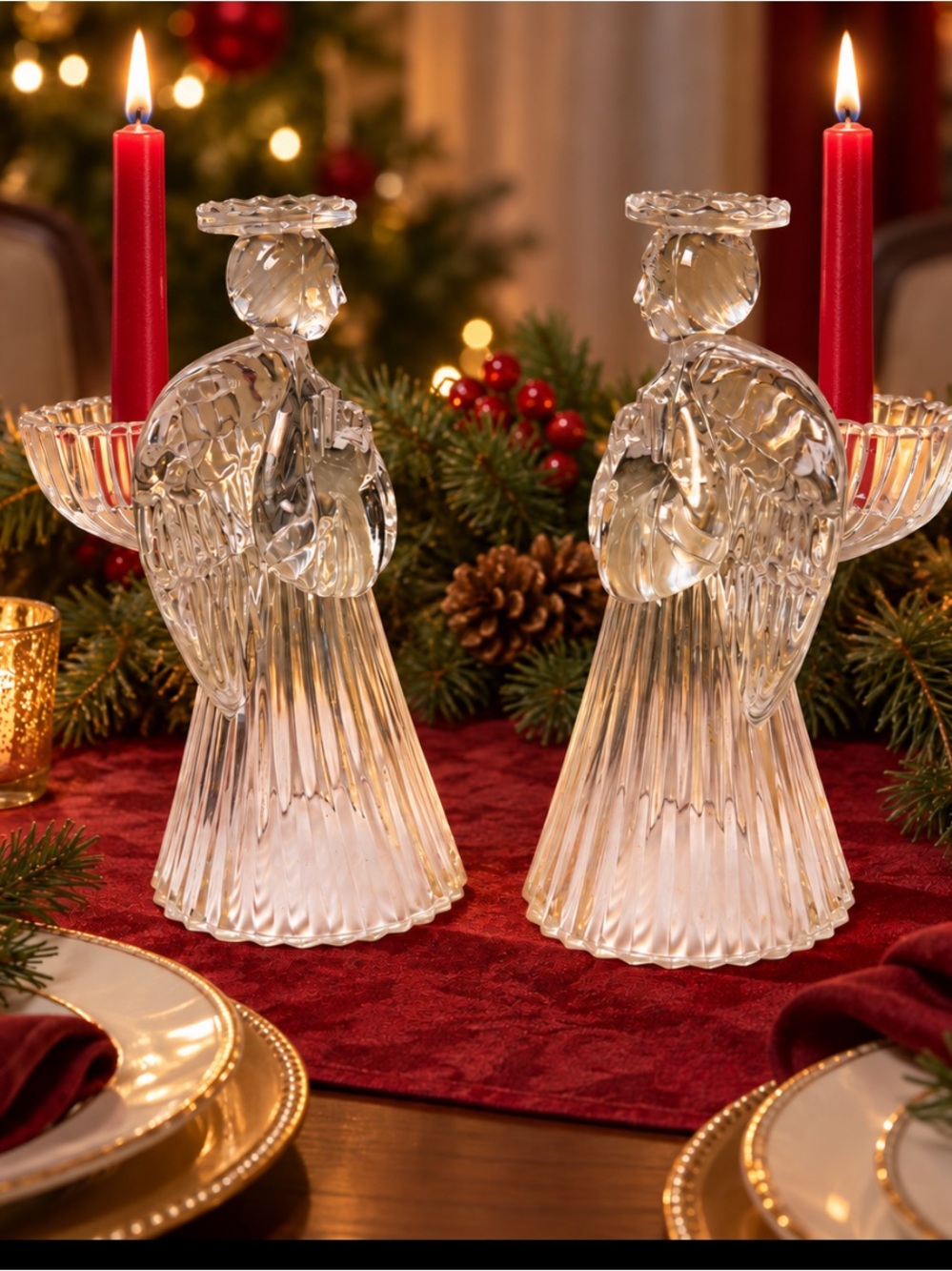Pair Clear Glass Angel Candle Holders 7” Christmas Holiday candle holder Decor